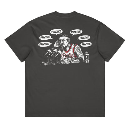 We Talking About Practice tee back print — Philly basketball podium press conference design, black