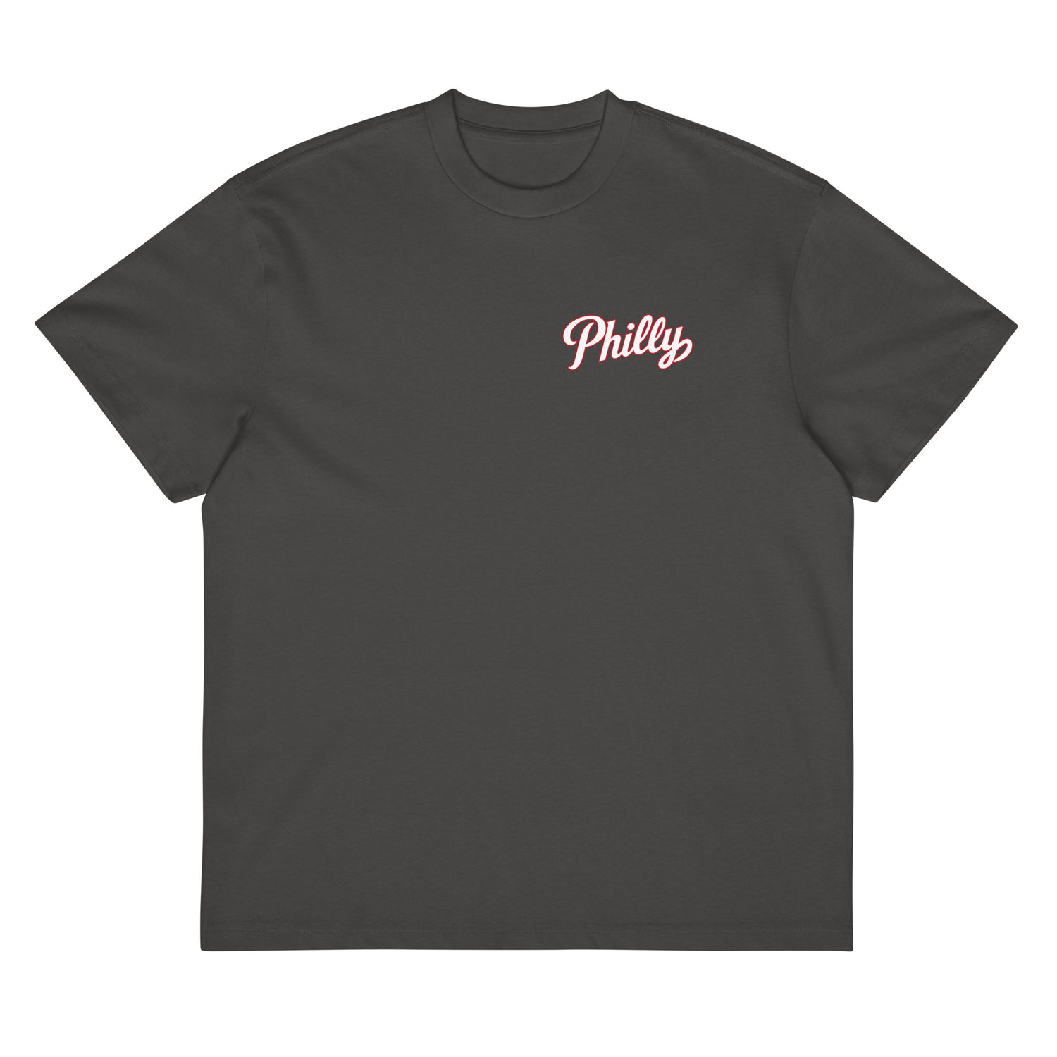 We Talking About Practice tee in vintage black — front view with Philly script logo