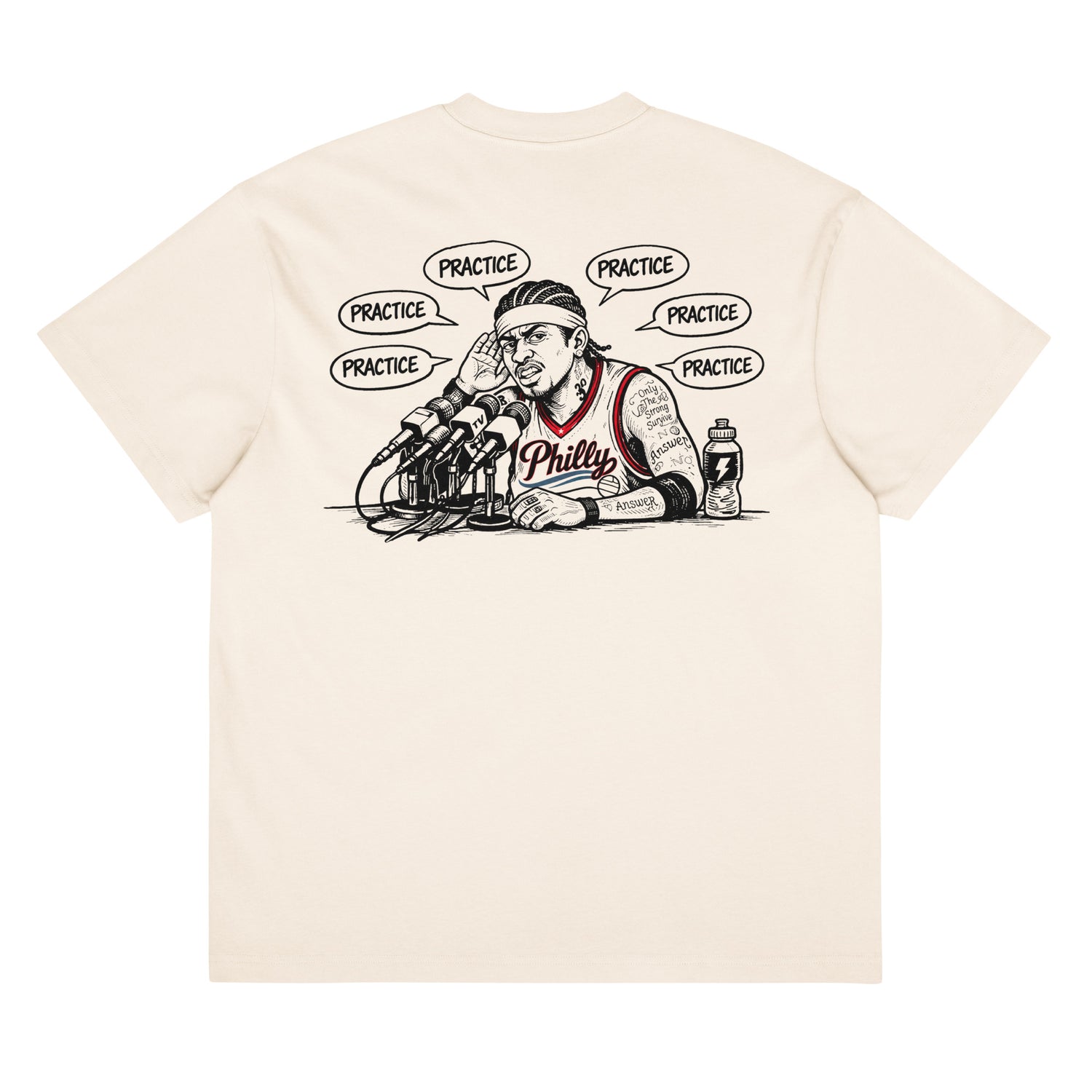 We Talking About Practice tee back print — Philly basketball podium press conference design, natural cream"