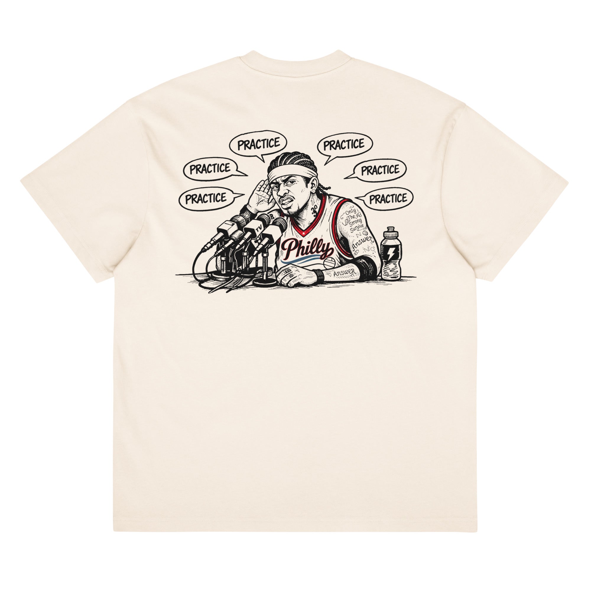 We Talking About Practice tee back print — Philly basketball podium press conference design, natural cream"