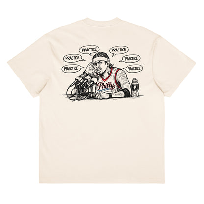 We Talking About Practice tee back print — Philly basketball podium press conference design, natural cream"