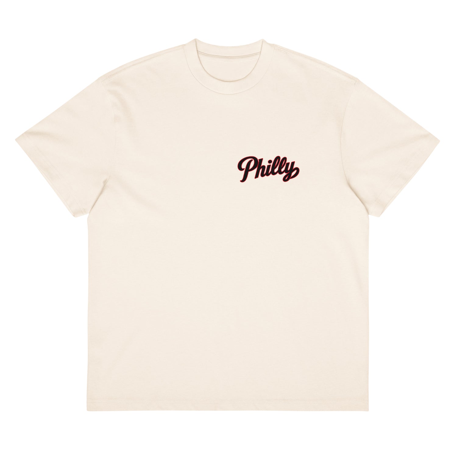 We Talking About Practice tee in natural cream — front view with Philly script logo