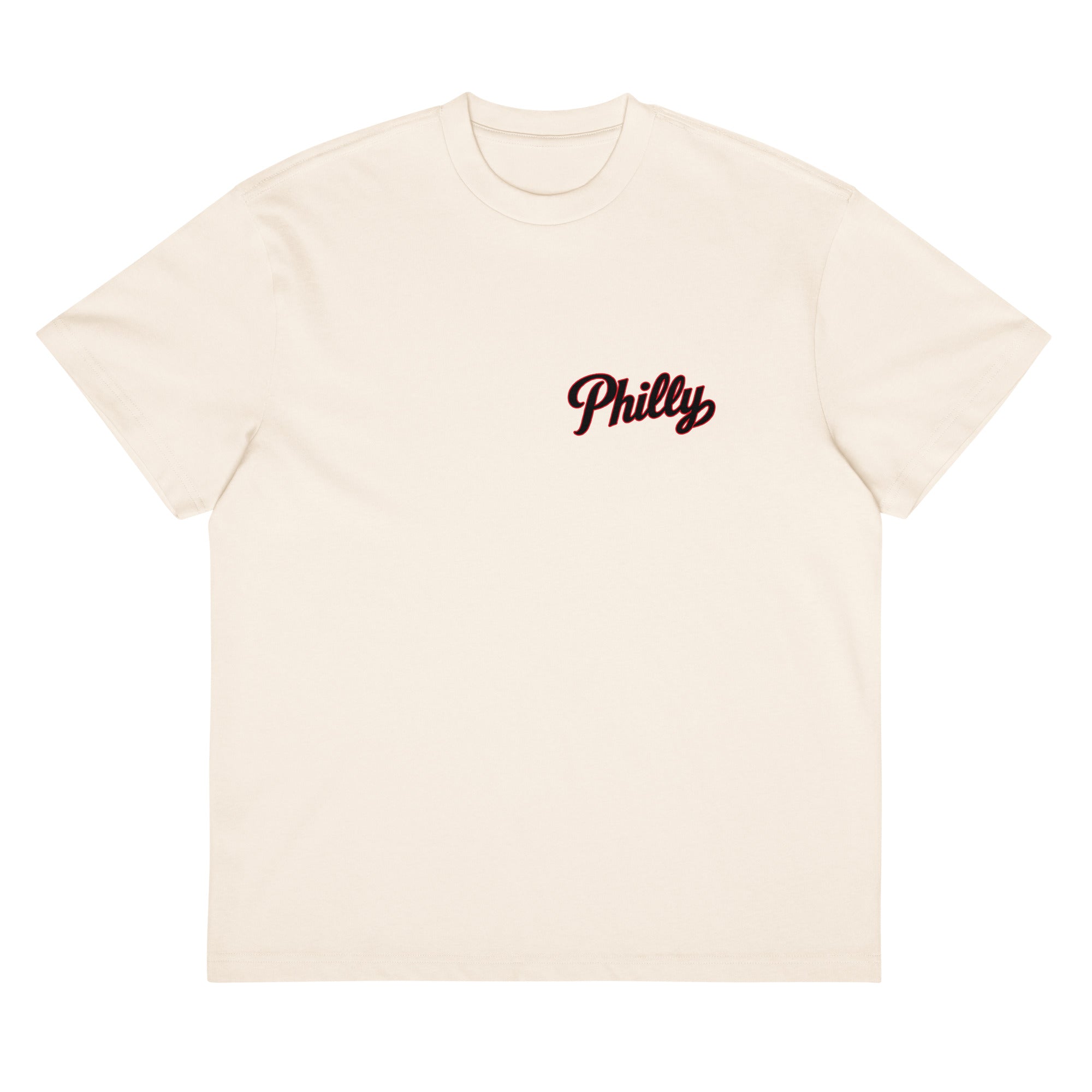 We Talking About Practice tee in natural cream — front view with Philly script logo
