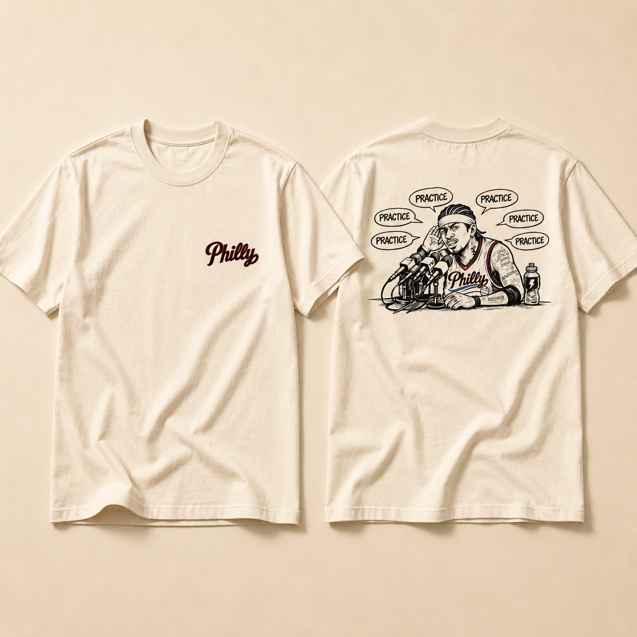 We Talking About Practice tee in natural cream — front and back view with Philly script logo
