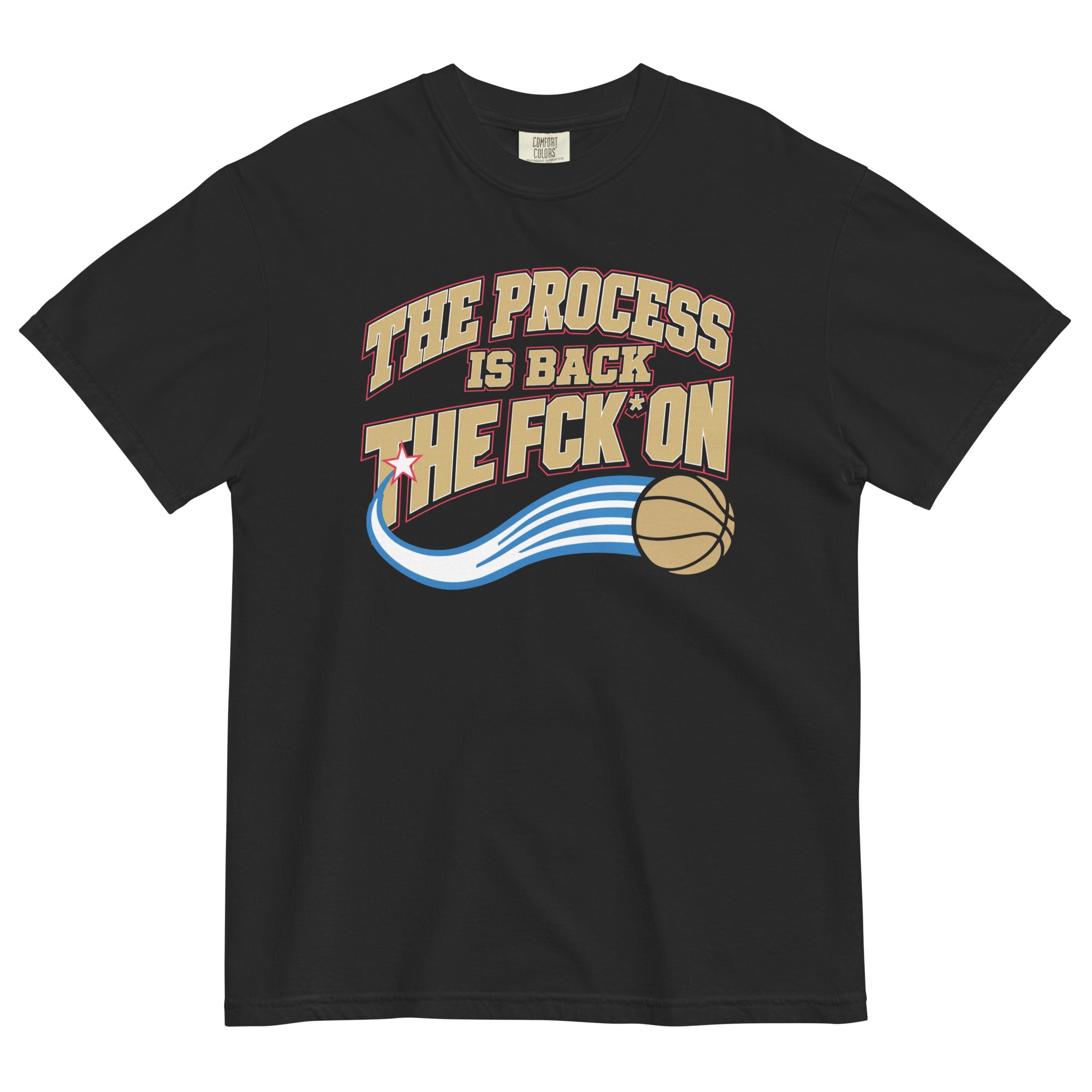 The Process Is Back tee design — gold, red and blue Philly basketball graphic reading "The Process Is Back the Fck On" with a basketball. Black Tee