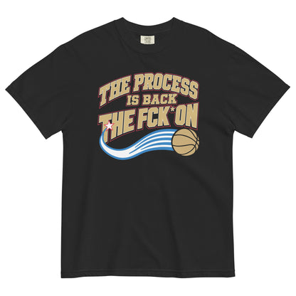 The Process Is Back tee design — gold, red and blue Philly basketball graphic reading "The Process Is Back the Fck On" with a basketball. Black Tee