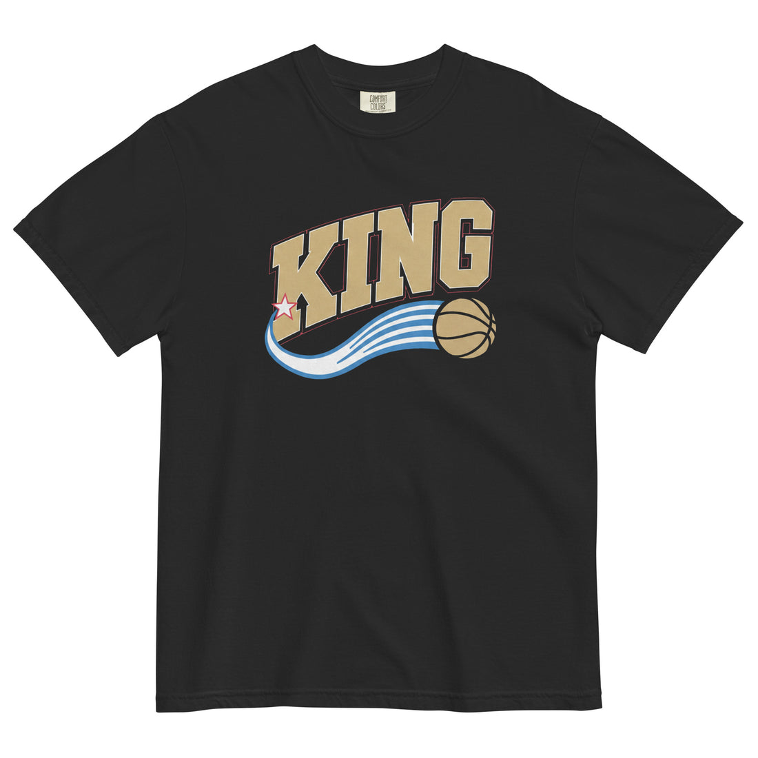 Retro King Basketball Tee in Black — gold KING wordmark with basketball swoosh, Philadelphia fan shirt by Philly Drinkers