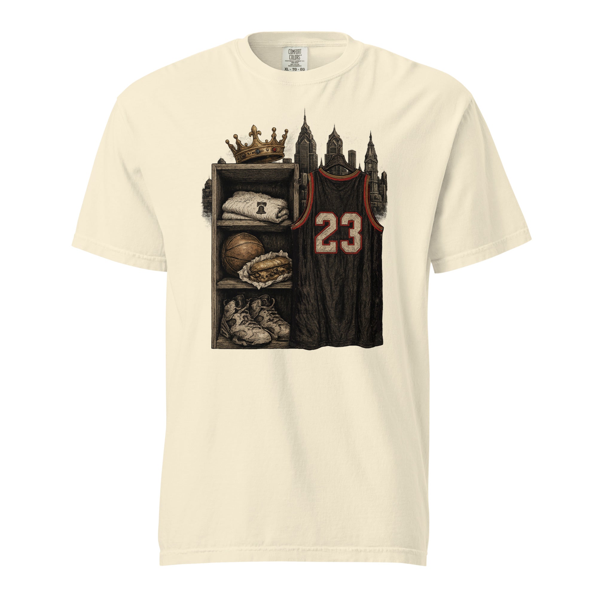 An off-white crewneck t-shirt featuring a graphic print of a basketball jersey with the number 23 hanging in a locker, flanked by a crown and skyscrapers.