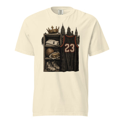 An off-white crewneck t-shirt featuring a graphic print of a basketball jersey with the number 23 hanging in a locker, flanked by a crown and skyscrapers.