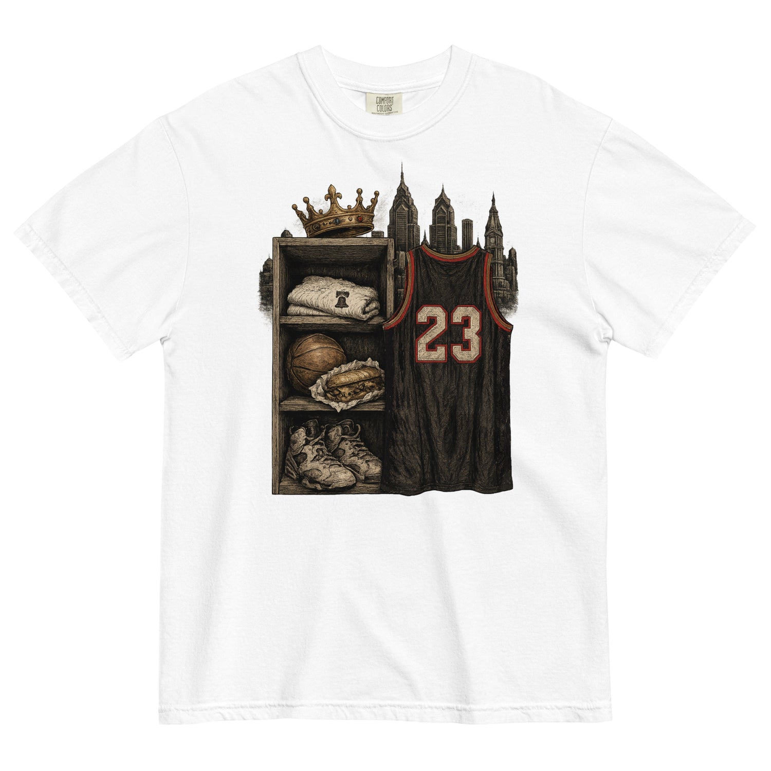 A white short-sleeve crewneck t-shirt featuring a detailed graphic print of a basketball-themed shelf with a crown, sneakers, a basketball, a folded jersey, and a dark basketball jersey with the number 23.