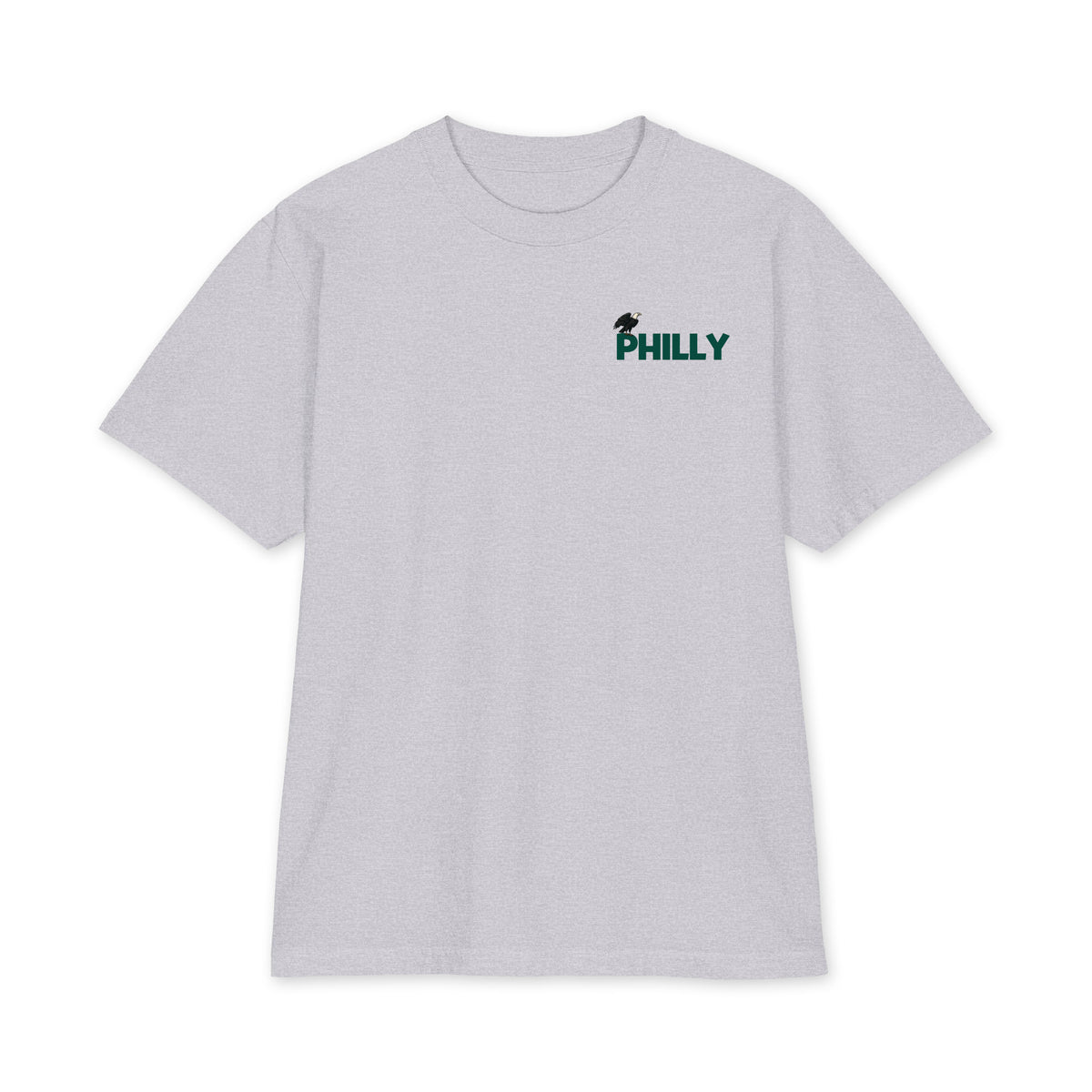 Birds on the Block Tee in gray — front view, full back print of illustrated South Philly rowhouses dressed for game day with PHILADELPHIA across the roofline, Philly Drinkers