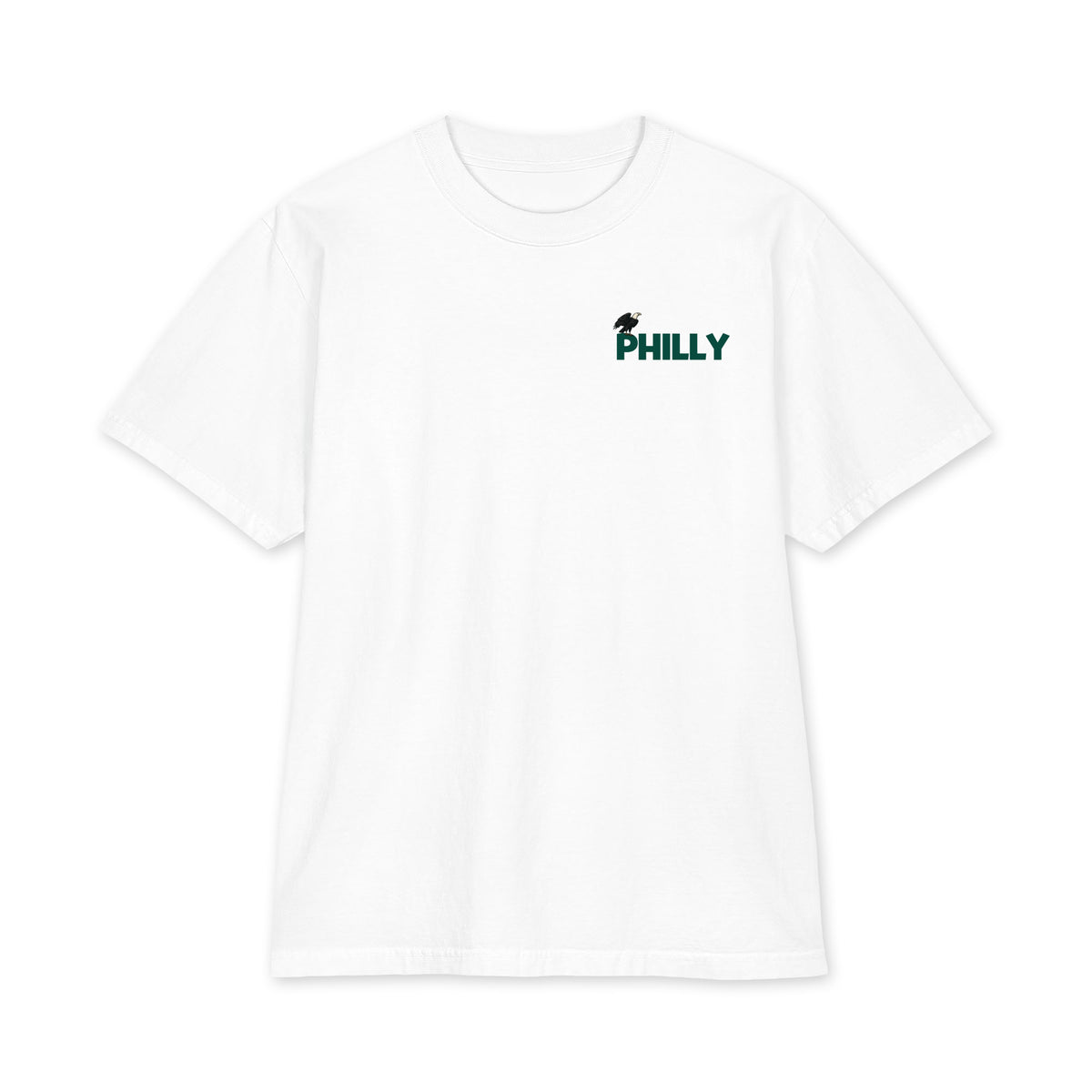 Birds on the Block Tee in white — front view, full back print of illustrated South Philly rowhouses dressed for game day with PHILADELPHIA across the roofline, Philly Drinkers