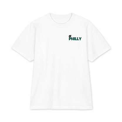 Birds on the Block Tee in white — front view, full back print of illustrated South Philly rowhouses dressed for game day with PHILADELPHIA across the roofline, Philly Drinkers