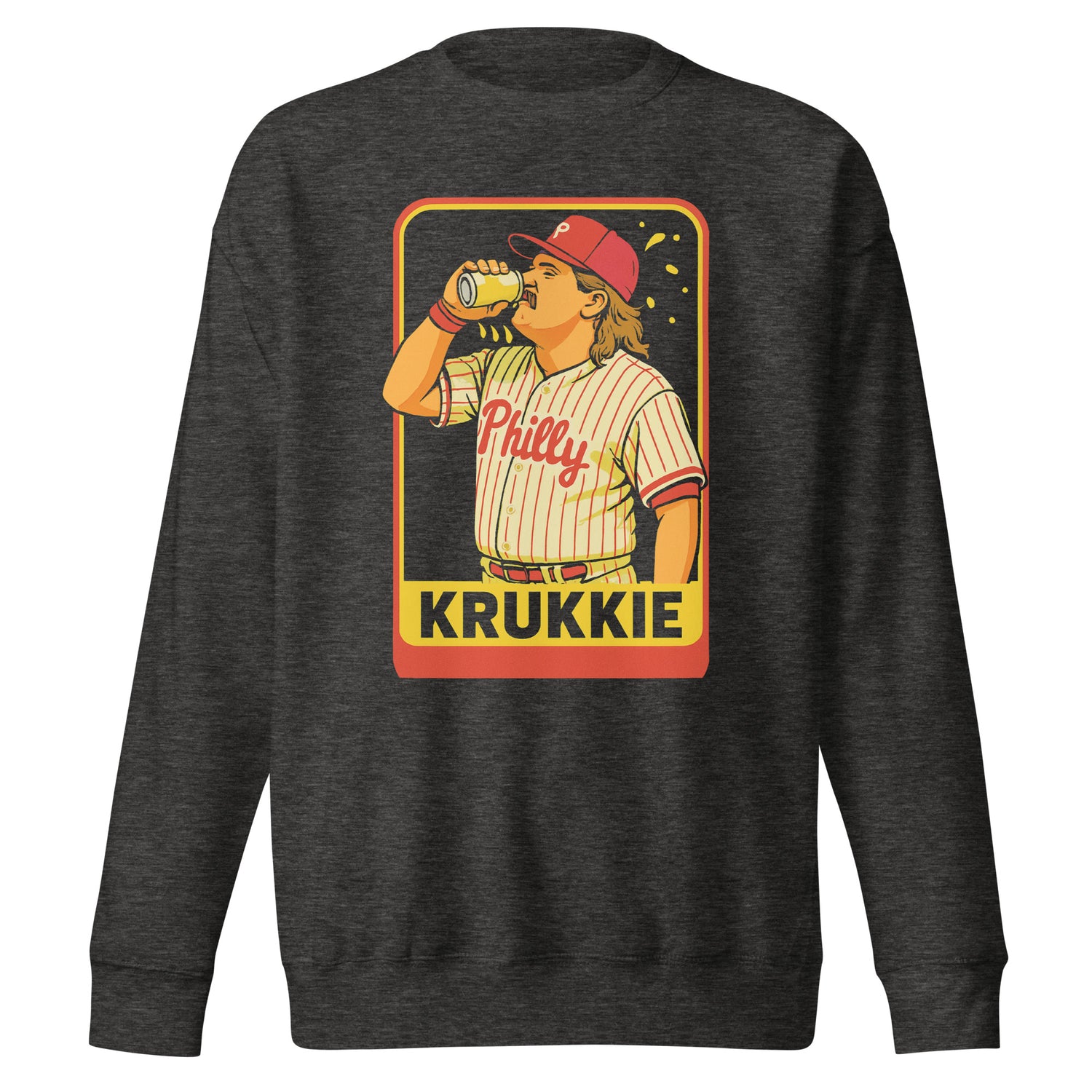 A dark heather gray crewneck sweatshirt featuring a large graphic print of a baseball player in a Philadelphia Phillies uniform drinking from a beer can, with the name &