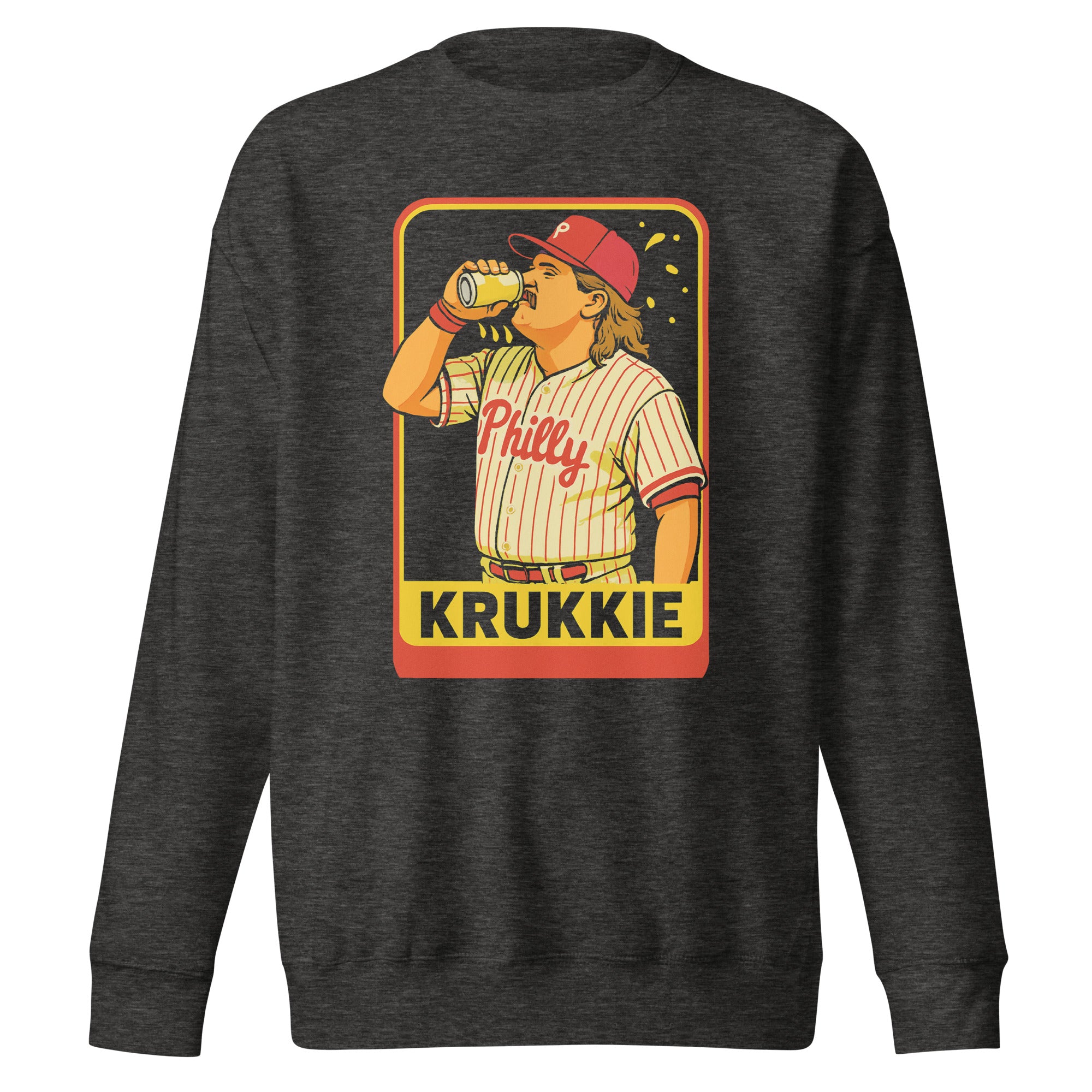 A dark heather gray crewneck sweatshirt featuring a large graphic print of a baseball player in a Philadelphia Phillies uniform drinking from a beer can, with the name &